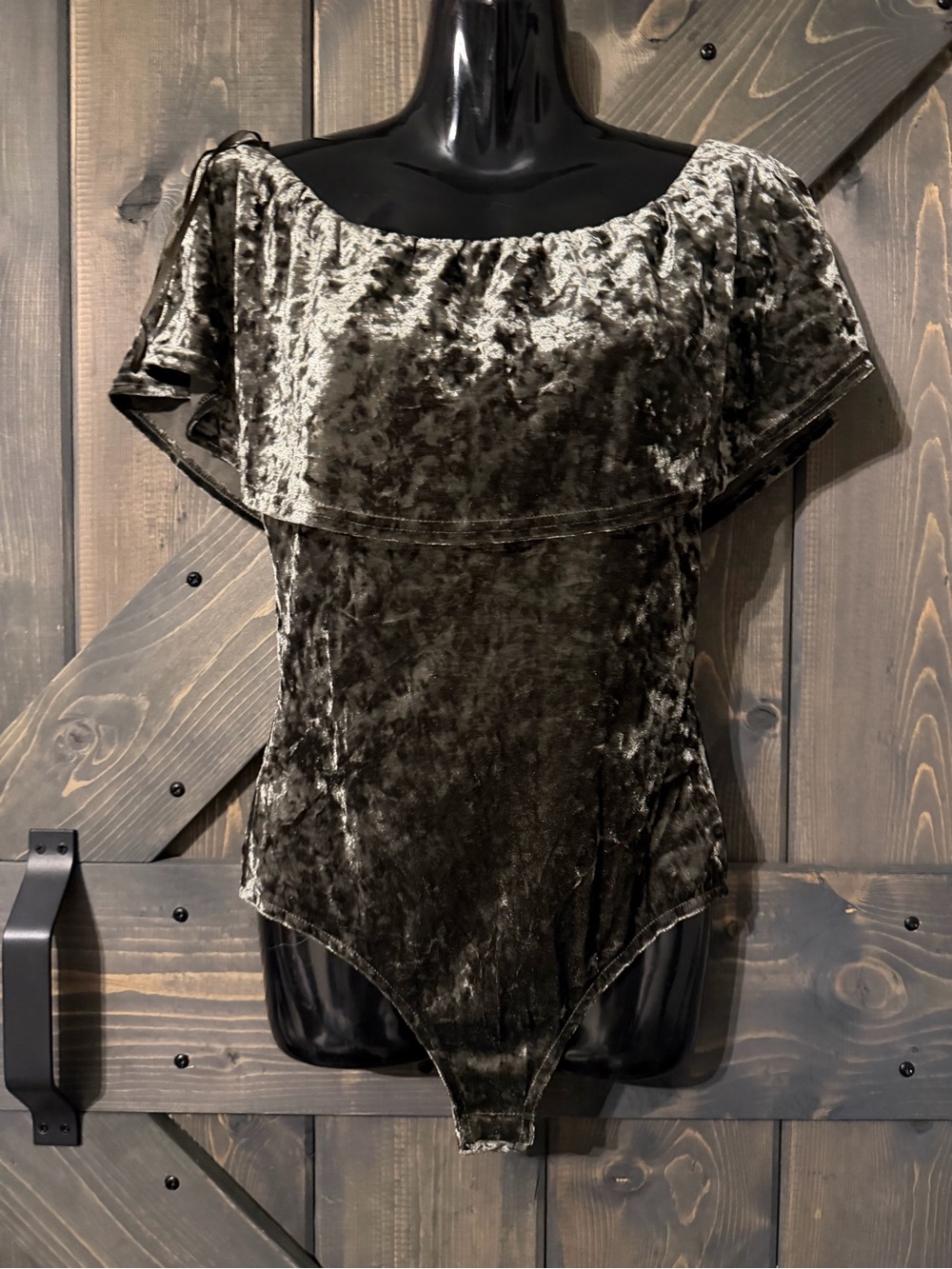 Honey Punch Olive Crushed Velvet Off-Shoulder Bodysuit